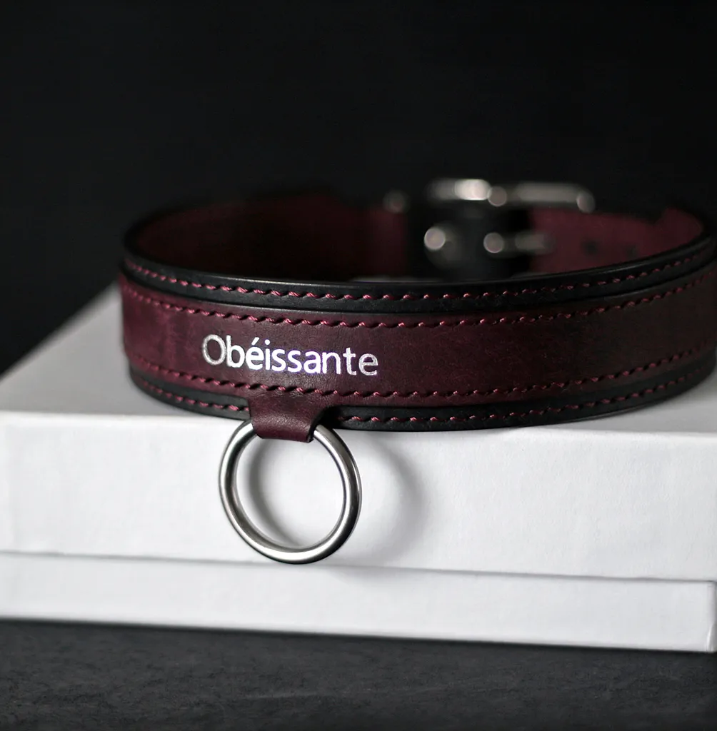 Collier en cuir prune inscription obéissante argenté