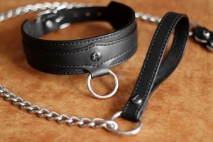 Ensemble collier et laisse bdsm cuir avec pierre taillée