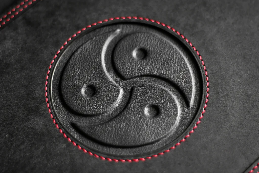 gros plan logo bdsm en cuir gainé