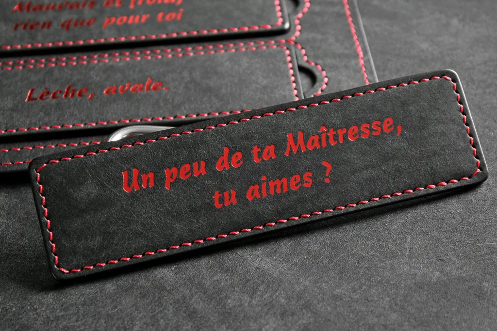 gros plan plaquettes en cuir avec inscription Maîtresse