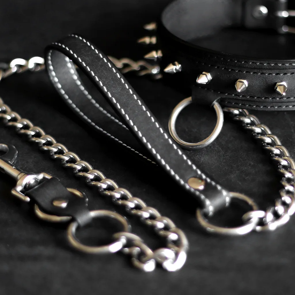 Laisse personnalisée et collier en cuir à pointes